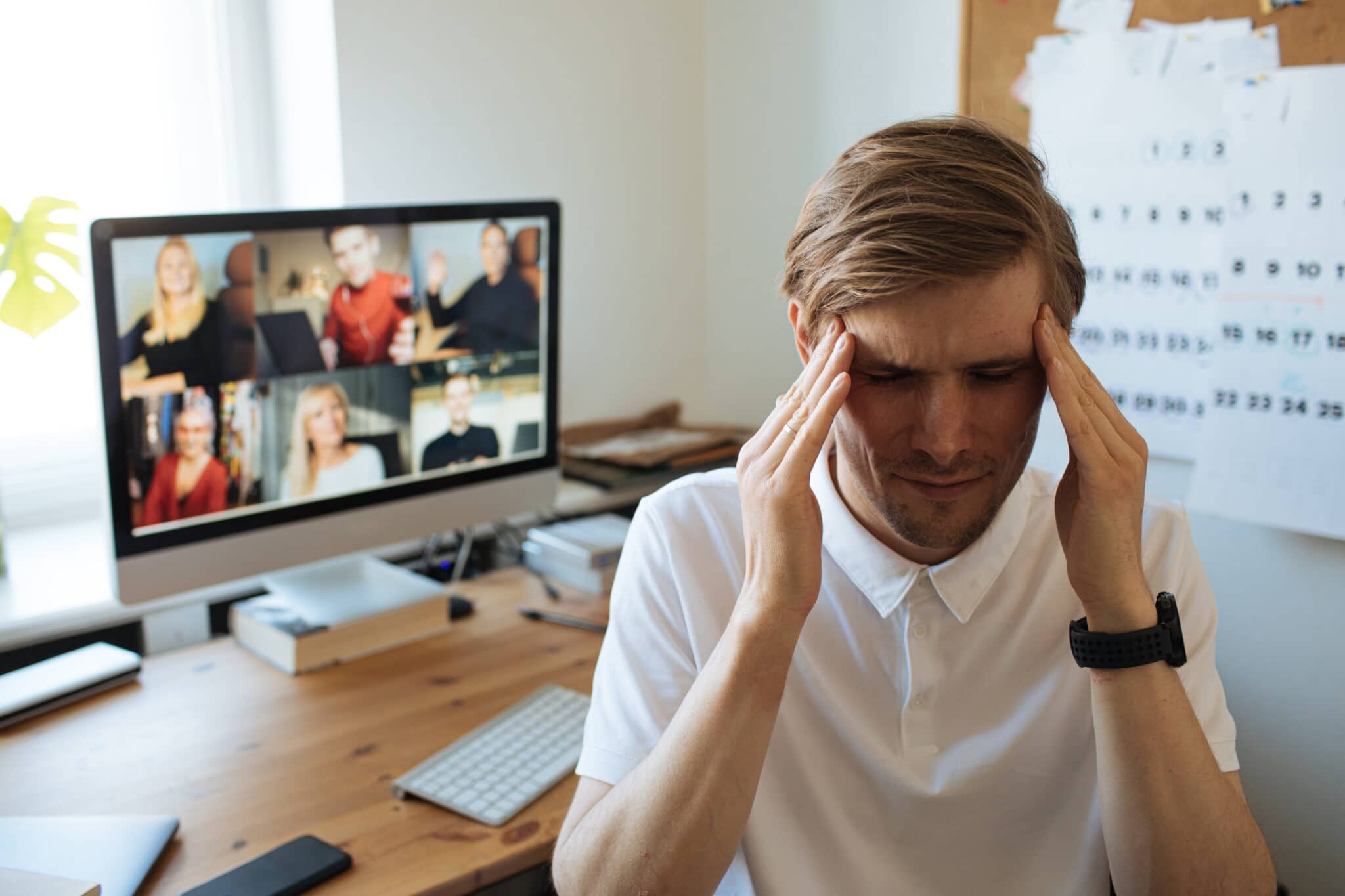 Man Fatigue During Home Video Conference Meeting Call Post work 