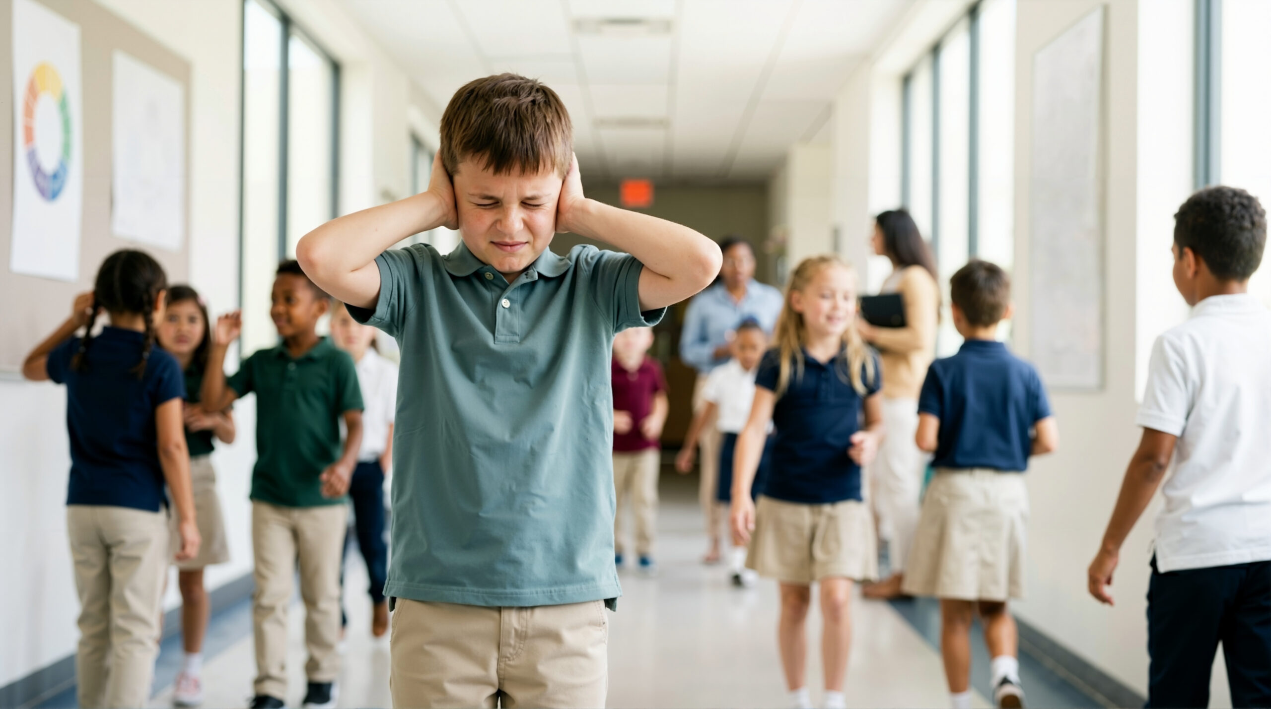 A young boy wearing a green polo shirt and khaki pants stands in the middle of a brightly lit school hallway, tightly covering his ears with both hands and squeezing his eyes shut in a display of distress or sensory overload. The background is blurred, showing a busy corridor with diverse students in school uniforms and a female teacher walking by. The hallway features lockers, bulletin boards, and large windows letting in natural light, contrasting with the boy's isolated and overwhelmed expression.